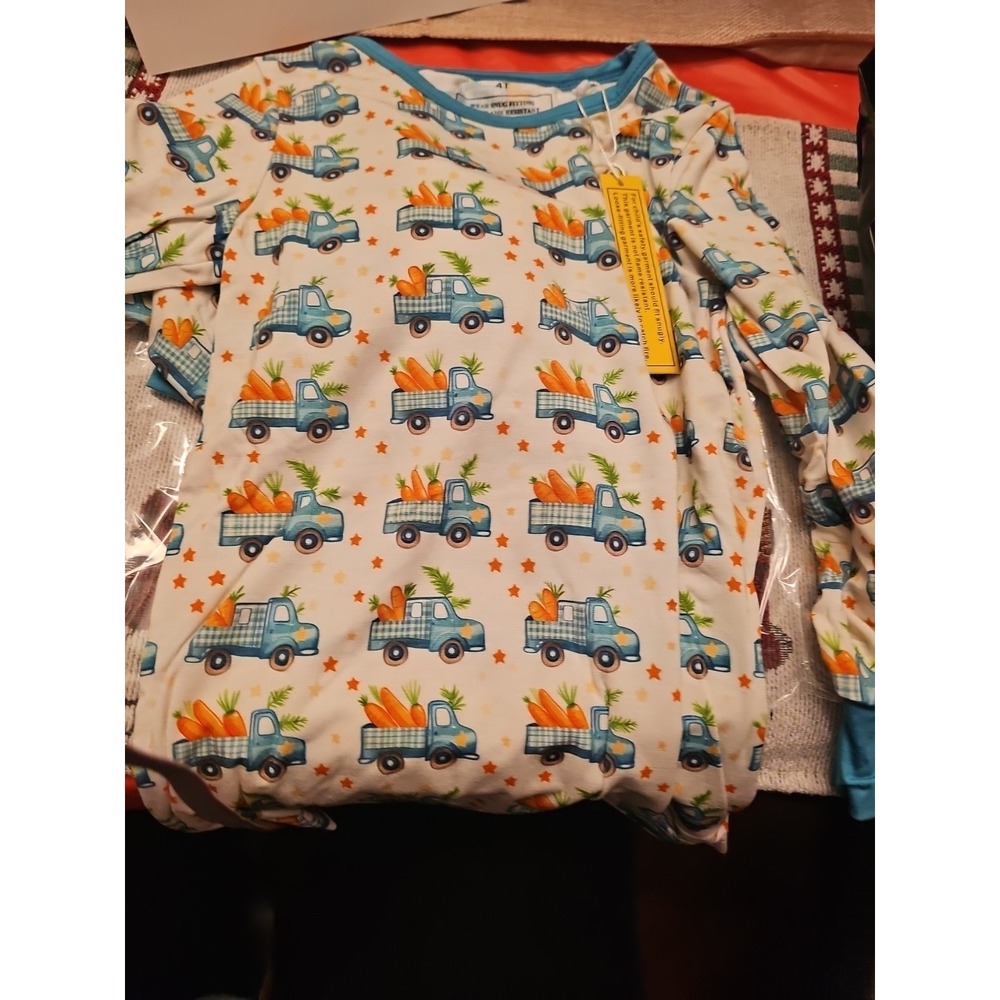 2 Piece Pant Shirt Set Bamboo Blue/Teal Truck With Carrots Easter 4 T